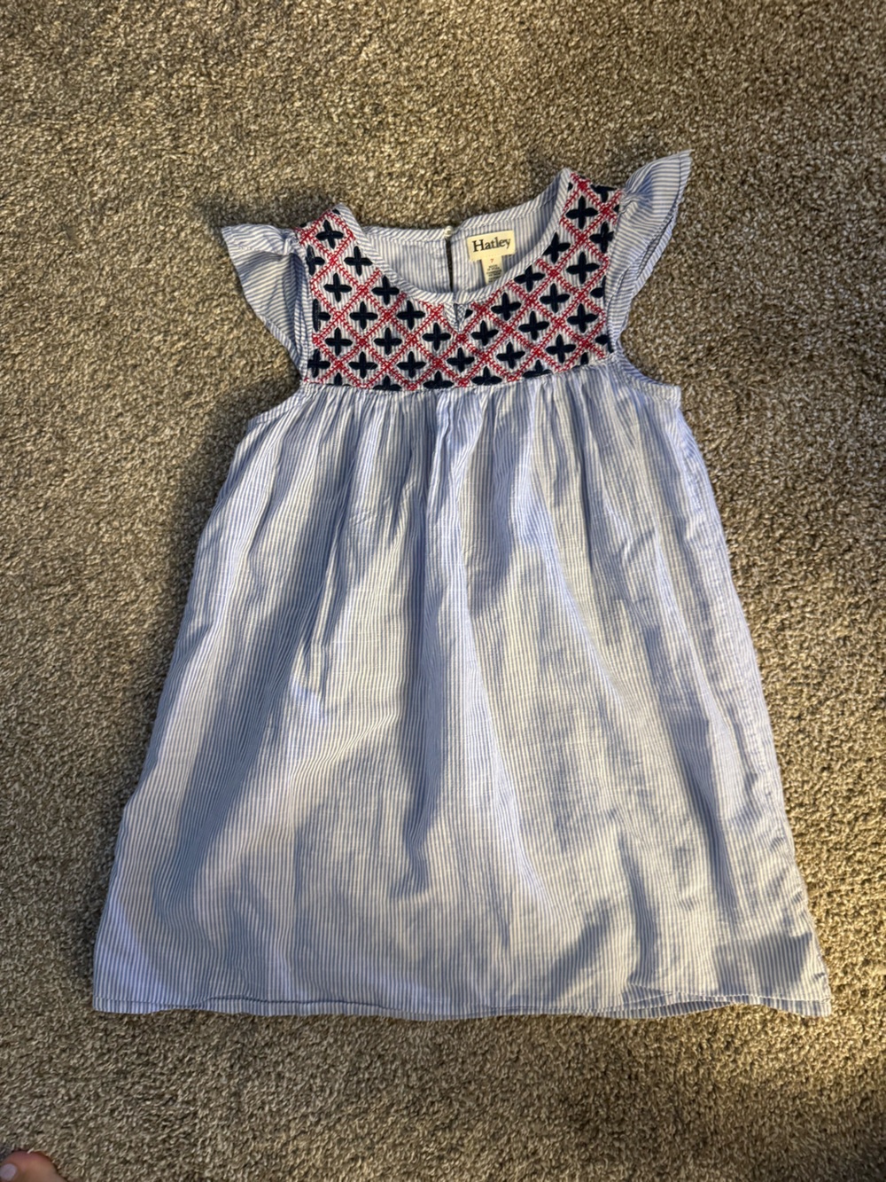 Hatley Blue Pinstripe Dress with Red & Navy Embroidery